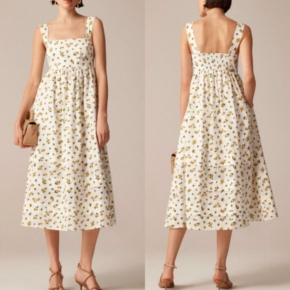 J. Crew White Midi Dress with Yellow Floral Print
